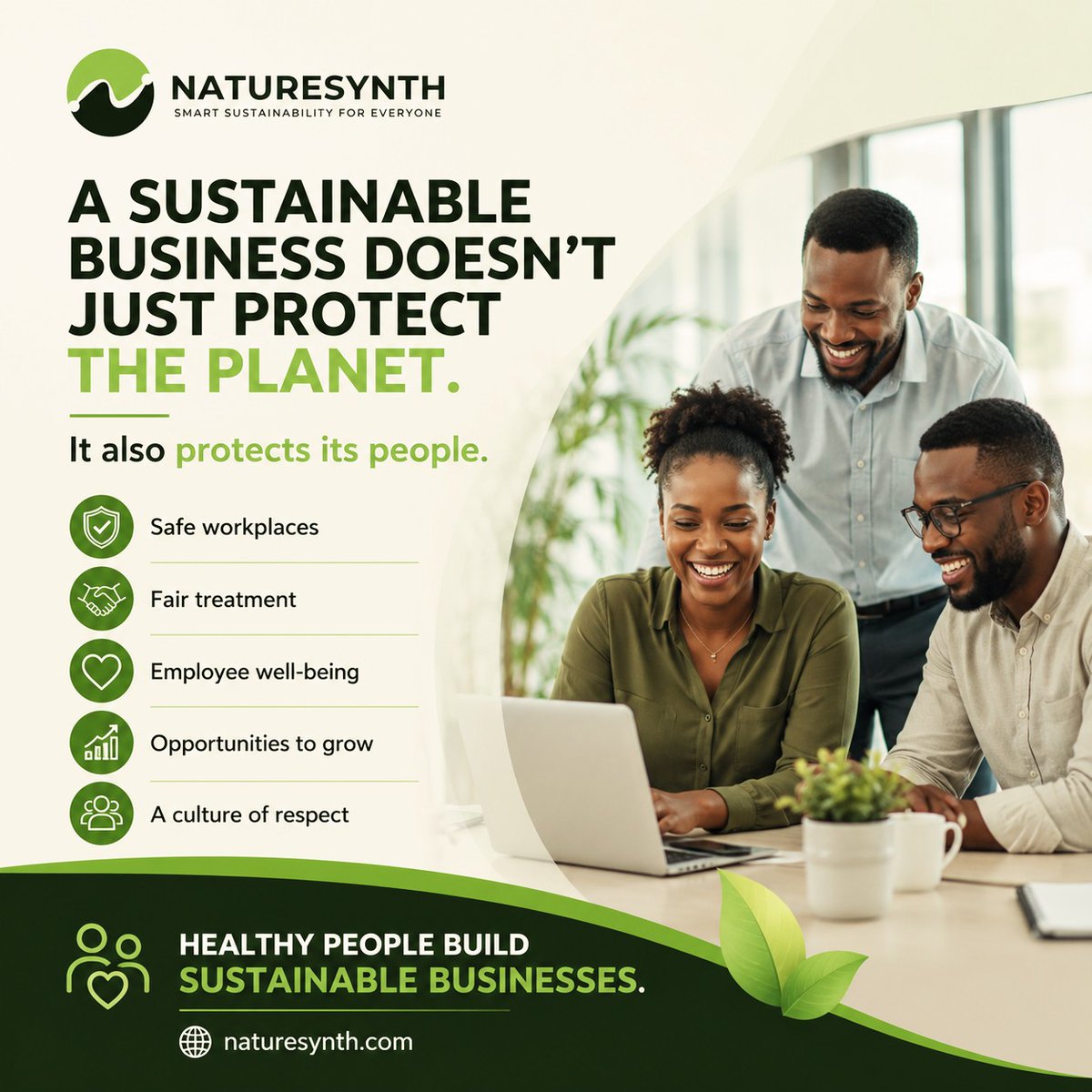 NATURESYNTHHQ's tweet photo. Sustainability isn't only about protecting the environment.

It's also about protecting people.

Healthy, supported employees build stronger, more resilient organisations.

That's the "Social" in ESG.

#EmployeeWellbeing #ESG #Sustainability #NatureSynth #FutureOfWork https://t.co/EQ2wGNPlak