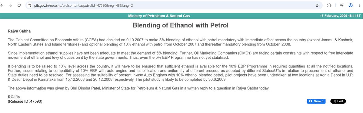 AbhishBanerj's tweet photo. Did you know?

UPA govt had ordered 10% ethanol blending by Oct 2008

But in classic UPA style, they couldn't figure out how to do it!

See PIB release from Feb 2009 admit this. https://t.co/fKxG9GZ7iV