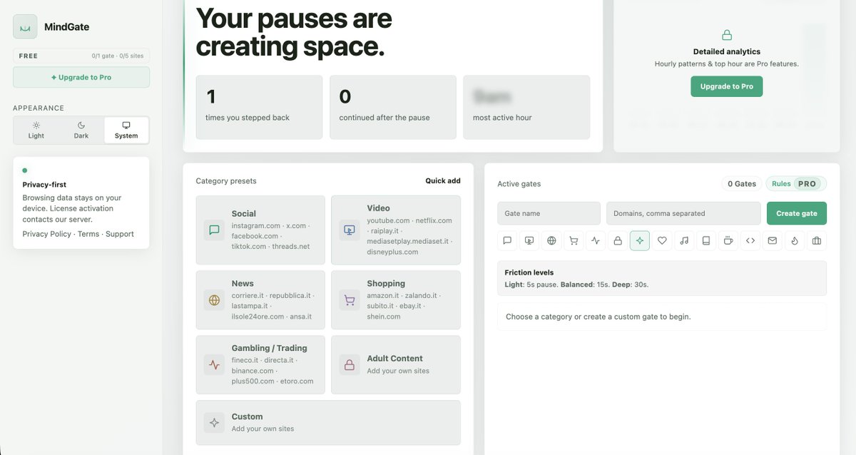 pzk_stdg's tweet photo. Hard blockers never worked for me — I'd just disable them. What worked: a few seconds of friction before the site opens, with rules that change by time of day (strict at work, relaxed at night). #buildinpublic #ChromeExtension https://t.co/K6ncpOQxlx