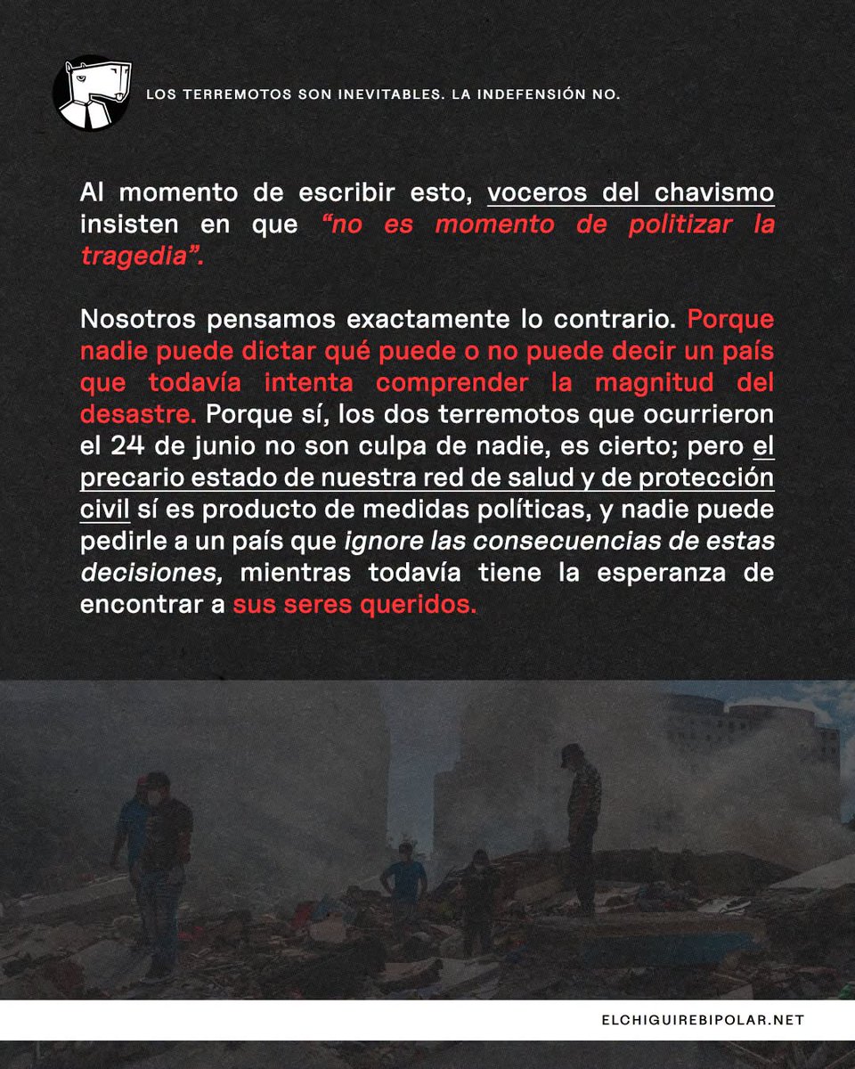 Naky's tweet photo. ¿Leyeron la reflexión del equipo del @ChiguireBipolar sobre los terremotos y la indefensión en Venezuela? https://t.co/QX5E6JmhuG

Voy a ir colgando las láminas que compartieron en otras redes.

#GraciasQueridos 🫂 https://t.co/nD88VWqNvs