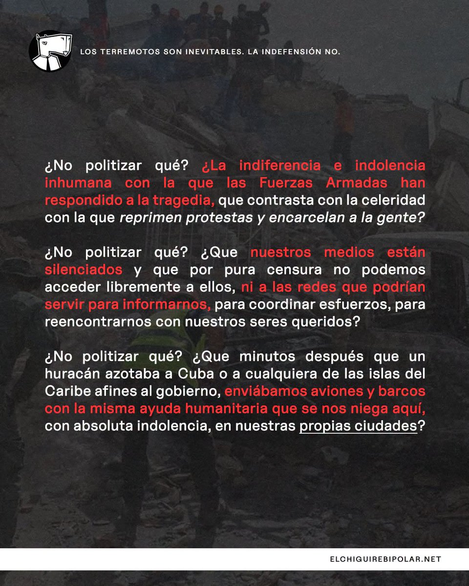 Naky's tweet photo. ¿Leyeron la reflexión del equipo del @ChiguireBipolar sobre los terremotos y la indefensión en Venezuela? https://t.co/QX5E6JmhuG

Voy a ir colgando las láminas que compartieron en otras redes.

#GraciasQueridos 🫂 https://t.co/nD88VWqNvs