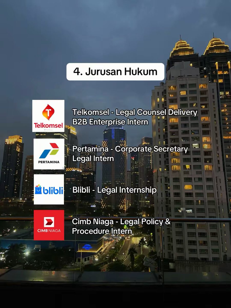infolokerr_id's tweet photo. 3️⃣. Jurusan Teknik

✅ PT Pertamina - Quality Management Intern

✅ Huawei - Project Controller Intern

✅ Vivo - Production Leader Intern

✅ Paragon - Product Innovation and Development

4️⃣. Jurusan Hukum

✅ Telkomsel - Intern - Legal Counsel Delivery B2B Enterprise

✅ Pertamina - Corporate Secretary - Legal

✅ Blibli - Legal Internship

✅ Cimb Niaga - Legal Policy & Procedure Intern