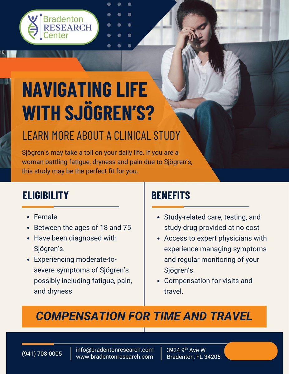 Research_BRC's tweet photo. What if Sjögren’s is affecting more than just dry eyes &amp; dry mouth?

Women ages 18–75 with Sjögren’s may qualify for a clinical research study exploring potential new treatment options.

Call (941) 708-0005 or visit https://t.co/7fRlfUhqIS

#Sjögrens #ClinicalTrial #Bradenton https://t.co/QctfR7D3k0