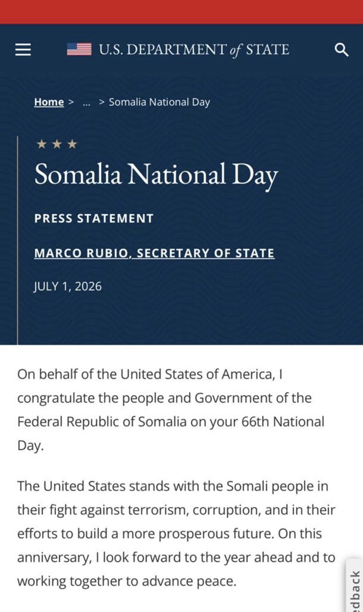 HamzaHaadoow's tweet photo. Somalia appreciates the United States’ National Day message and reaffirms our commitment to strengthening our enduring partnership for peace, security, and prosperity. https://t.co/arpmhVmxsE