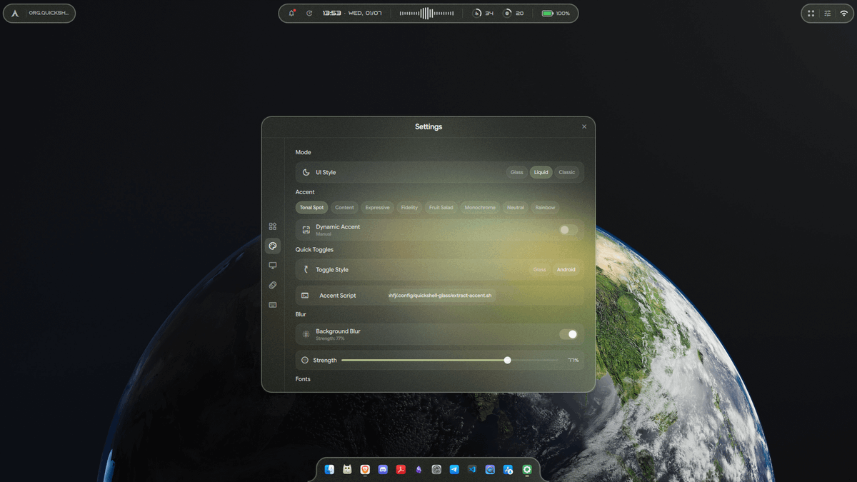 [Hyprland] Custom Quickshell config built with AI agents. Frosted Glass ...