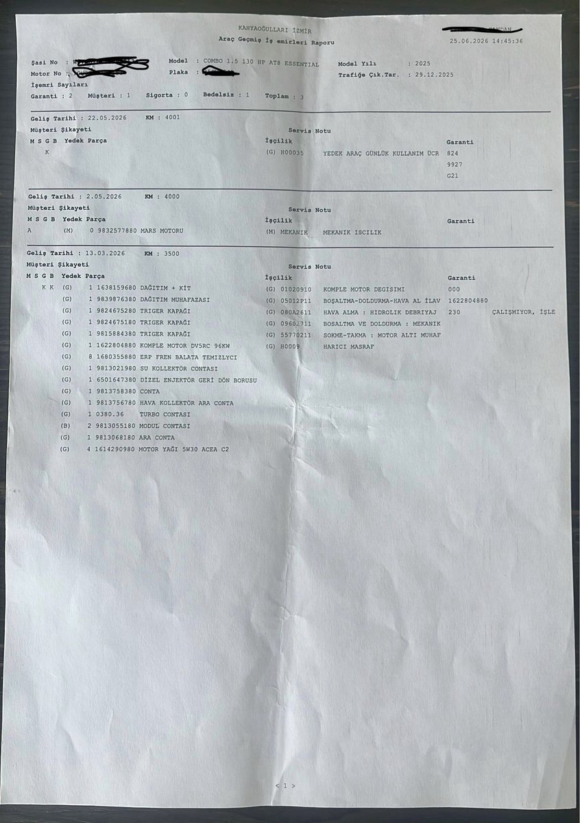 tuketicideney's tweet photo. REZALET ÜSTÜNE REZALET!

1.435.480 TL’ye alınan sıfır Opel Combo, 3.500 km’de motor arızası verdi; araç ikinci kez aynı arızayı yapınca değişim talebi yine reddedildi.

♦️Takipçi şikâyeti:

“07 Ocak 2026 tarihinde Kahyaoğulları Otomotiv Gaziemir bayisinden, şahıs şirketim adına 1.435.480 TL bedelle sıfır kilometre 2025 model Opel Combo satın aldım.

Aracım henüz 3.500 km’deyken seyir hâlindeyken motor arızası verdi ve yolda kaldı.

Bu süreçte can ve mal güvenliğim ciddi şekilde tehlikeye girdi.

Servis motor değişimi önerdi. Ben ise ayıpsız misliyle değişim talep ettim.

Ancak yaşadığım süreç ve üzerimde kurulan baskı nedeniyle 90.000 TL tazminat ve 2 bakım şartıyla motor değişimini kabul etmek zorunda kaldım.

Daha sonra motor numarasının değişmediğini fark ettim ve bu durumu bayiye bildirdim.

1 Mayıs 2026’da araç tekrar aynı şekilde arıza verdi ve 49 gün serviste kaldı.

Bu süre boyunca tarafıma ikame araç verilmedi.

Esnaf kurye olarak çalıştığım için ticari faaliyetlerim tamamen durdu ve ciddi maddi kayba uğradım.

Değişim taleplerim reddedildi, süreç hakkında yeterince bilgilendirilmedim ve rızam dışında işlemler yapıldığını düşünüyorum.

Hem bayi hem de genel merkez, süreci yönetme konusunda ciddi eksiklikler gösterdi.

Aynı araçla ilgili benzer mağduriyetler yaşayan başka tüketiciler olduğunu da öğreniyorum.

Taleplerim; aracımın ayıpsız misliyle değiştirilmesi, bunun mümkün olmaması hâlinde ödediğim bedelin iadesi, yaptığım nakit ödemeler, kredi taksitleri, sigorta/kasko giderleri ve ticari kazanç kaybımın karşılanmasıdır.

Bu konuda T.C. İzmir Valiliği’ne, Ticaret Bakanlığı’na ve Tüketici Hakem Heyeti’ne resmi başvurularımı yaptım.

Kahyaoğulları Otomotiv ve Opel Türkiye’den, defalarca arıza veren aracımla ilgili değişim talebimin kabul edilmesini ve yaşadığım maddi mağduriyetin giderilmesini talep ediyorum.

Aynı sorunu yaşayan Opel Combo sahiplerinin de bu süreci bilmesini istiyorum.”