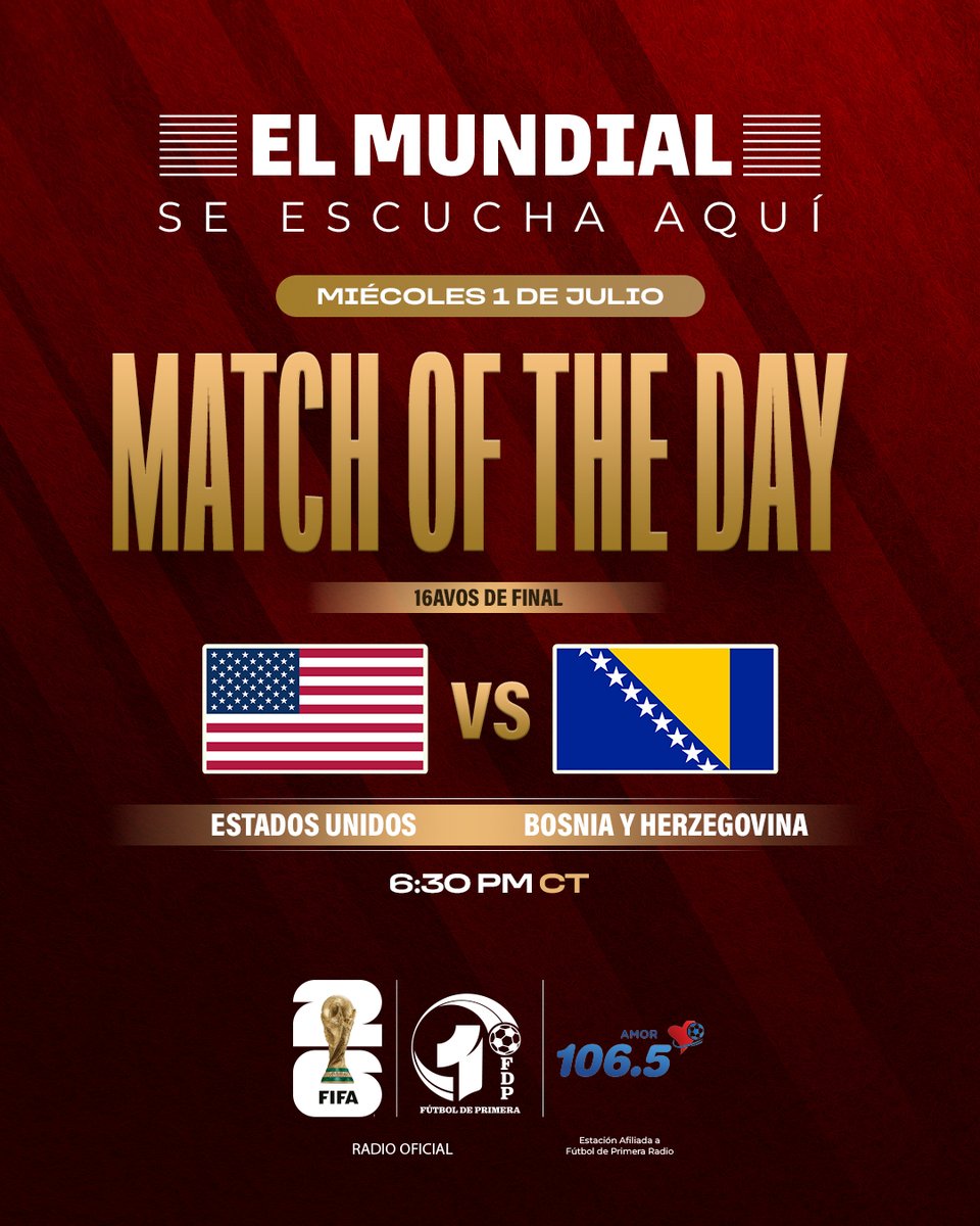1065amor's tweet photo. Houston, el Mundial sigue en tu radio🏆⚽

Estados Unidos vs. Bosnia y Herzegovina se escucha por Amor 106.5 FM, desde las 6:30 p.m.

Sigue la emoción de la Copa Mundial de la FIFA 2026 con Fútbol de Primera 🎙️⚽

No disponible por streaming 📱

#Mundial2026 https://t.co/97iQmpa6oC