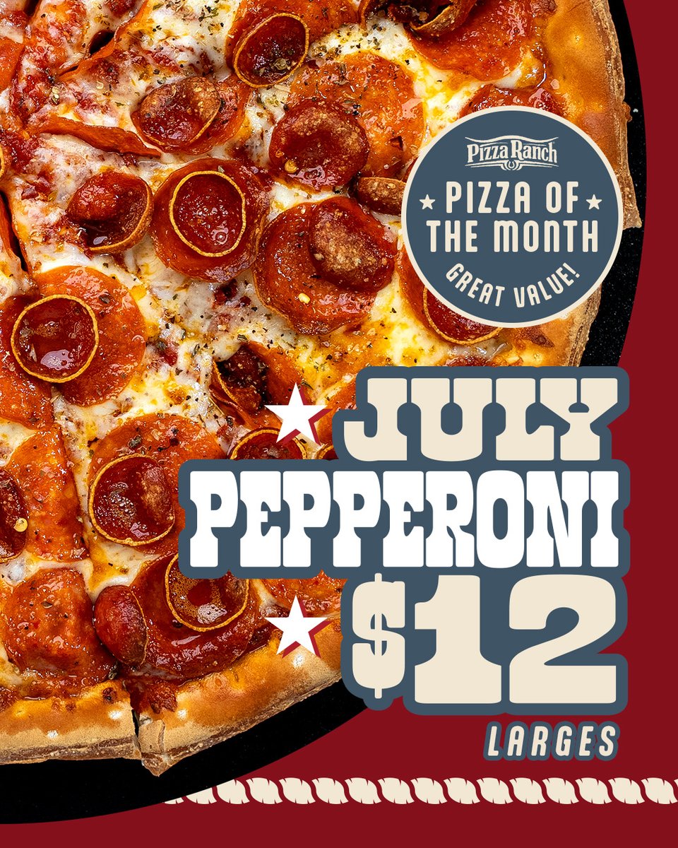 PizzaRanch's tweet photo. Make this July even better with a $12 large Pepperoni Pizza!

Whether it's celebrating the 4th, family dinner, movie night, or an easy lunch, this deal is too good to pass up. Grab yours all month long! https://t.co/BOukEexzmS