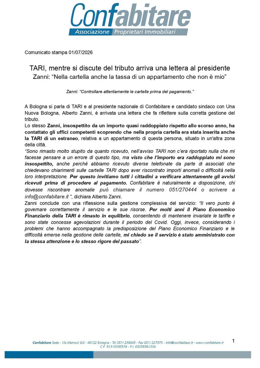 Confabitare1's tweet photo. TARI, mentre si discute del tributo arriva una lettera al presidente Zanni: “Nella cartella anche la tassa di un appartamento che non è il mio” 
Zanni: “Controllare attentamente le cartelle prima del pagamento.” 
chi dovesse riscontrare anomalie può chiamare il numero 051/270444. https://t.co/yqKvZkgVex