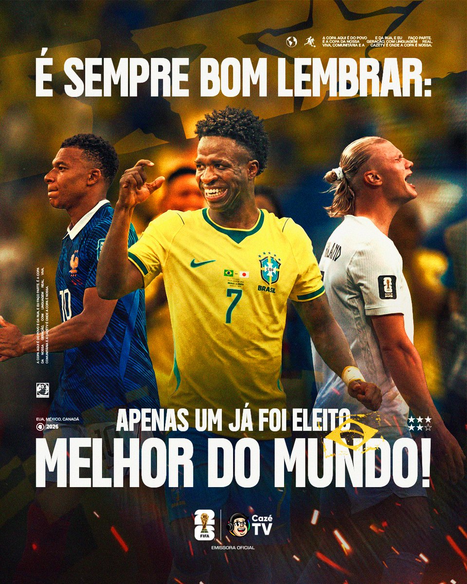 CazeTVOficial's tweet photo. HERÓI SE FAZ EM CASA!!!!!!!! 🇧🇷👑

Quando temerem a França de Mbappé e a Noruega de Haaland, lembrem-se: Nosso protagonista veste 7.

Quando duvidarem, lembrem-se: Apenas UM deles foi nomeado pela FIFA como o Melhor do Mundo. E o resto…. é história! 💚

🚨 𝐒𝐄 𝐓𝐄𝐌 𝐂𝐎𝐏𝐀, 𝐄𝐒𝐐𝐔𝐄𝐂𝐄! É na CazéTV! 🤩📺

#CoberturaCazéTV #CopaNaCazéTV #cztv35 #Brasil