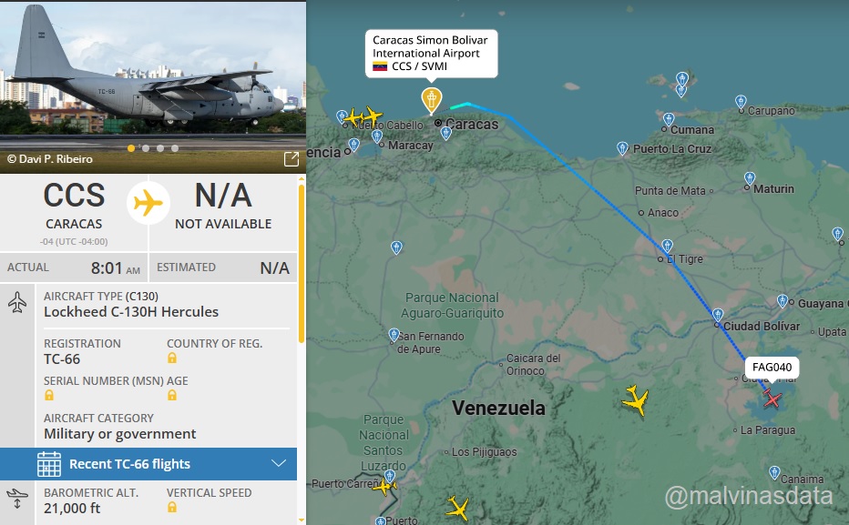 MalvinasData's tweet photo. 🛫 Hace minutos despegó desde Caracas rumbo a Buenos Aires el C-130H Hercules TC-66 de la FAA luego de desembarcar el segundo escalón de ayuda humanitaria.
Sin carga ya pero al límite de su autonomía, probablemente repita la escala de la ida en Manaos.

🇦🇷 Misión Venezuela 🇻🇪 https://t.co/eyc7n2gHQF