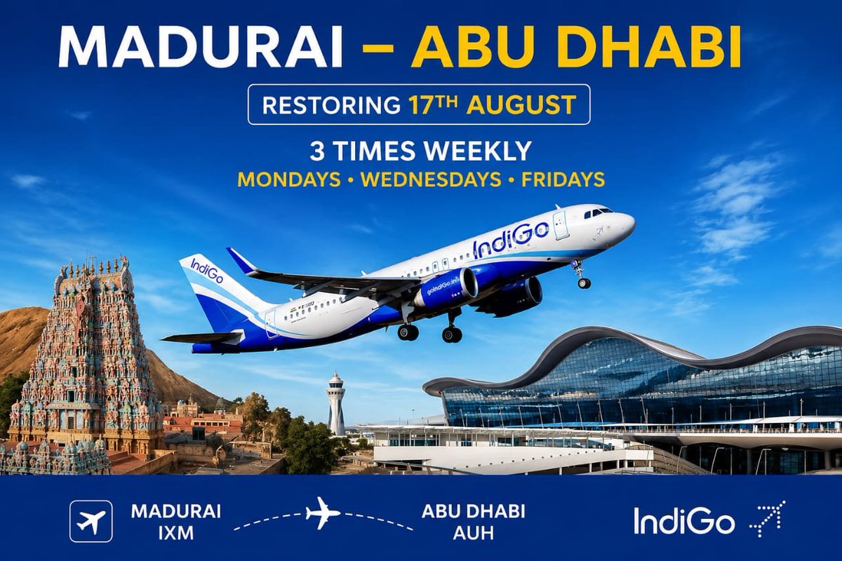 aaimduairport's tweet photo. #FlightUpdate
Flight operations between Madurai and Abu Dhabi will resume from 17 August 2026.

Passengers are requested to check the latest schedule &amp; status with their airlines before heading to Madurai International Airport.  

Thank you for your patience and cooperation. ✈️🙏 https://t.co/XNSYSgYRiz
