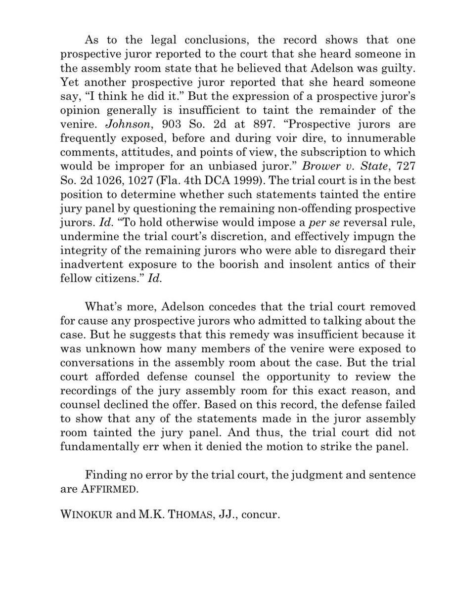 jaybronious's tweet photo. Florida District Court of Appeals decision on Charlie Adelson
“Finding no error by the trial court, the judgment and sentence
are AFFIRMED.”
#sorrycharlie #charlieadelson #wendiadelson #donnadelson https://t.co/L2Uj3J2d9k