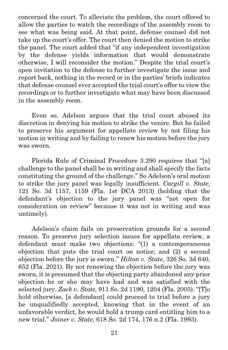 jaybronious's tweet photo. Florida District Court of Appeals decision on Charlie Adelson
“Finding no error by the trial court, the judgment and sentence
are AFFIRMED.”
#sorrycharlie #charlieadelson #wendiadelson #donnadelson https://t.co/L2Uj3J2d9k