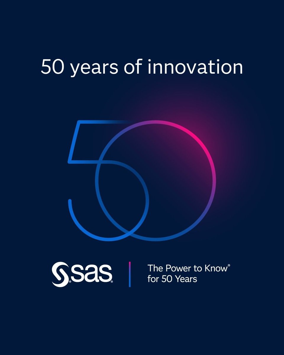 SASsoftware's tweet photo. Fifty years ago, we started with a simple goal: help people make better decisions they can trust.

The technology has changed. The world has changed. But our commitment to our customers, our people and purposeful innovation hasn't. 

Here's to the first 50 years and to everything still ahead https://t.co/Tl5qAtyTTc
#SAS50