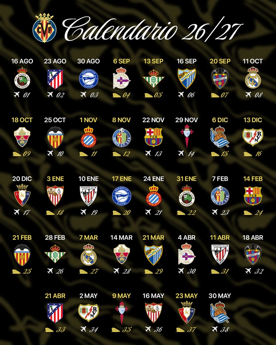 VillarrealCF's tweet photo. 🟡 𝗖𝗔𝗟𝗘𝗡𝗗𝗔𝗥𝗜𝗢 𝗟𝗔𝗟𝗜𝗚𝗔 · 𝗧𝗘𝗠𝗣𝗢𝗥𝗔𝗗𝗔 𝟮𝟲/𝟮𝟳 🟡 https://t.co/0QElXWTnit