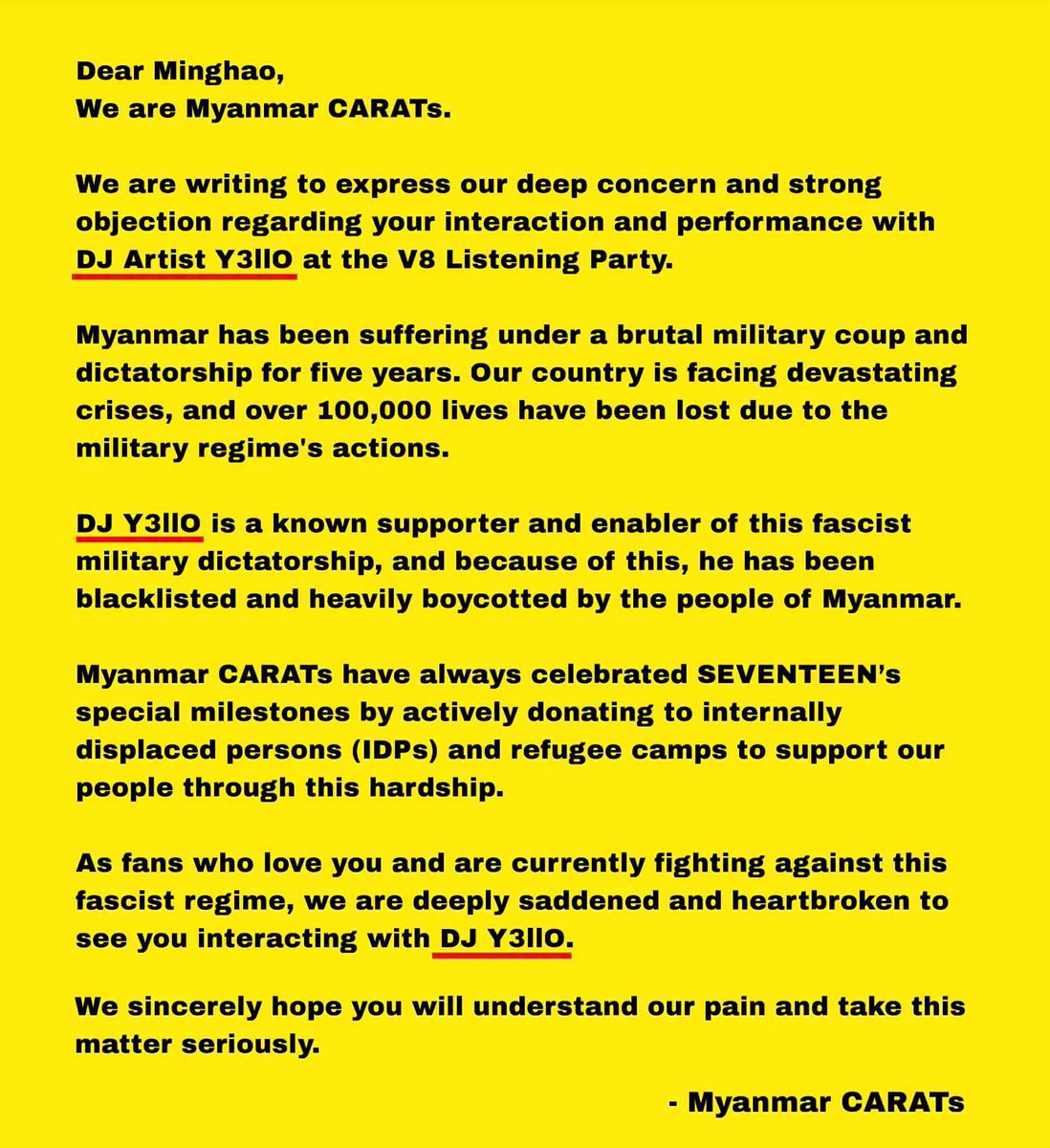 veronica_tt246's tweet photo. To The8 & Vernon,
Please do not interact with DJ Y3llo.
We are not the fan of this guy who stand and support fascist military dictatorship.
#toThe8
#toVernon
#whatshappeninginmyanmar https://t.co/3cKtNUdwLH