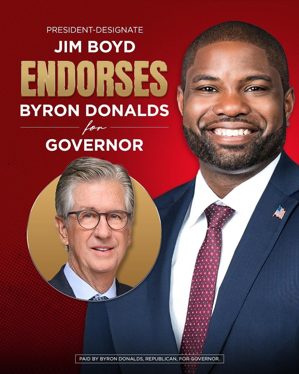 ByronDonalds's tweet photo. Sam Garrison and @JimBoydFL are proven conservative leaders, and I'm honored to earn their endorsement today.

Florida Republicans are united, energized, and ready to win in November. 

I look forward to working together to keep Florida the freest, safest and most prosperous state in the nation.