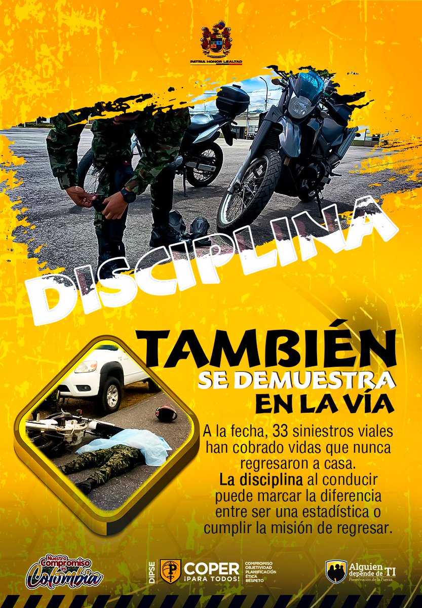 ejercito_COPER's tweet photo. La verdadera disciplina se pone a prueba en la vía. Por ello, el Comando de Personal y la Dirección de Preservación de la Integridad y Seguridad del @COL_EJERCITO fomentan la conducción responsable, el respeto por las normas de tránsito y el autocuidado para proteger la vida en cada trayecto.

#AlguienDependeDeTi #ProtegemosLaVida