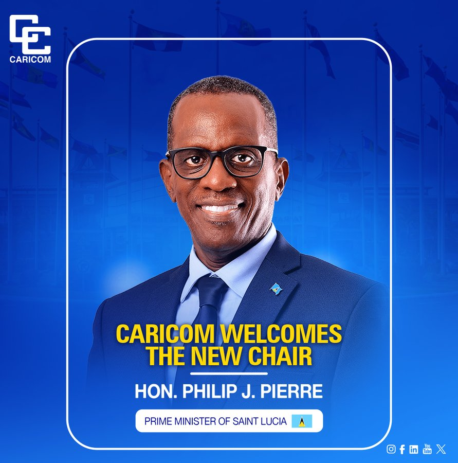 SG_CARICOM's tweet photo. Hon Philip J Pierre, Prime Minister of Saint Lucia, is now the Chair of #CARICOM from 1 July - 31 December 2026 @SaintLuciaGov https://t.co/Fl6y8diH5w