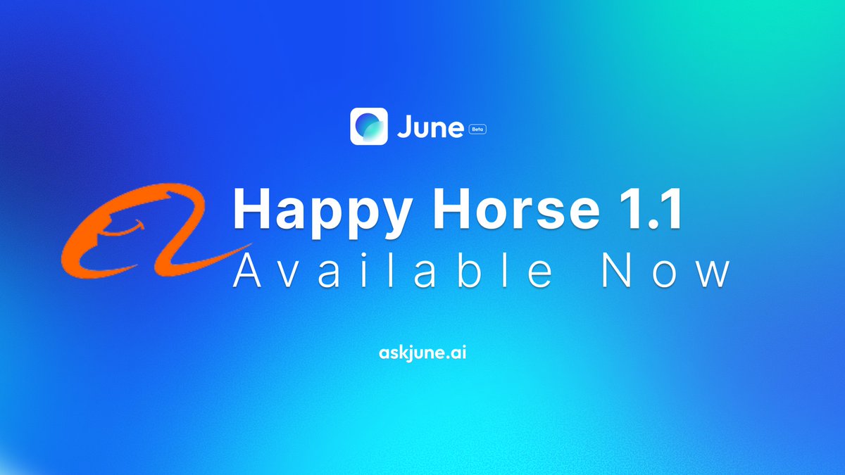 askjuneai's tweet photo. 🎬 Happy Horse 1.1 is now available

From prompt to cinematic video in seconds.

Generate stunning AI videos with natural motion, rich visual detail, and high-quality results—all from plain text.

Try it now 👉 https://t.co/IJonaXO4kw https://t.co/2uhfPw3Zk6
