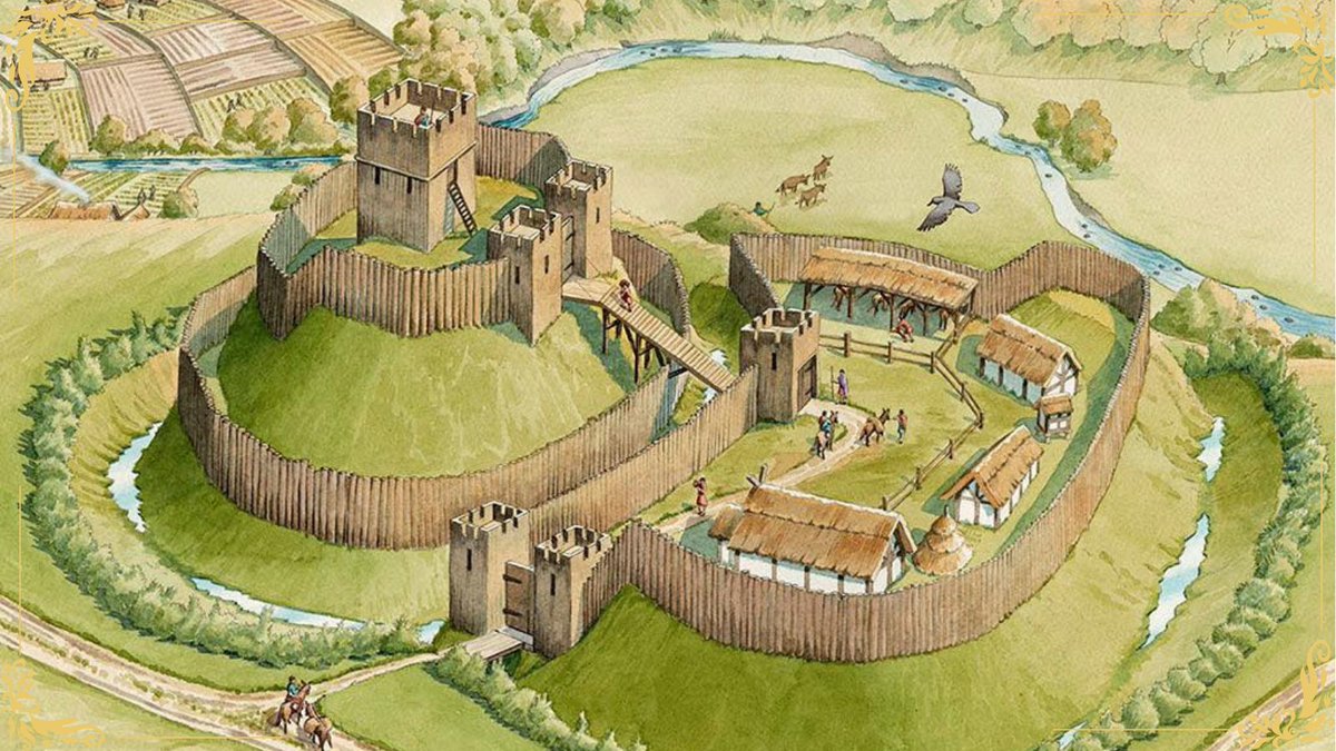 Andreirogomex's tweet photo. [Los castillos mota castral]

- Los castillos mota castral eran fortificaciones hechas con madera y tierra; podían ser construidas de forma más rápida y su origen se da por la necesidad de los anglosajones de defenderse de las invasiones vikingas. La estructura del castillo consistió en un montículo (mota) y una torre de madera con un recinto cerrado (castra), este último erigido al final. Además, dentro de ese espacio cerrado había una capilla, almacenes y dormitorios para sus residentes. Por tal razón, a este castillo se le denomina "mota castral".

- Una fuente primaria que testifica esta construcción es (El Tapiz de Bayeux). En ella se puede ver plasmado el castillo mota castral, construido a pocos días de que se suscitara la Batalla de Hastings (1066 d. C.). Es así, pues, que la guerra de los castillos resultó ser más fundamental que la batalla campal. La experiencia que Inglaterra tuvo por su ausencia de fortificaciones dio a los vikingos triunfos sobre estos. Por lo que se puede entender que esta edificación nació por una exigente necesidad defensiva y, por consiguiente, se convierte en el catalizador del nacimiento del castillo como lo conocemos. Aunque en un estado más temprano en cuanto a diseño.

#castillo #mota #castral #fortificación #construcción #militar #defensa #territorial #dominio #estratégico