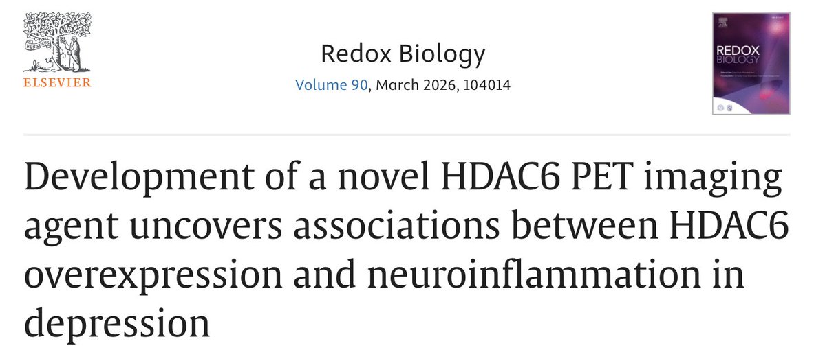 IHuaXi's tweet photo. Is this the future of biomarker-driven psychiatry?  #WCH teams developed a novel HDAC6 PET tracer ($[^{18}F]PB200$), uncovering a vital upstream "molecular switch" linked to neuroinflammation. Published in Redox Biology! #Preclinical #Neuroimaging #PET #Depression #MentalHealth https://t.co/DQpWWwReyP
