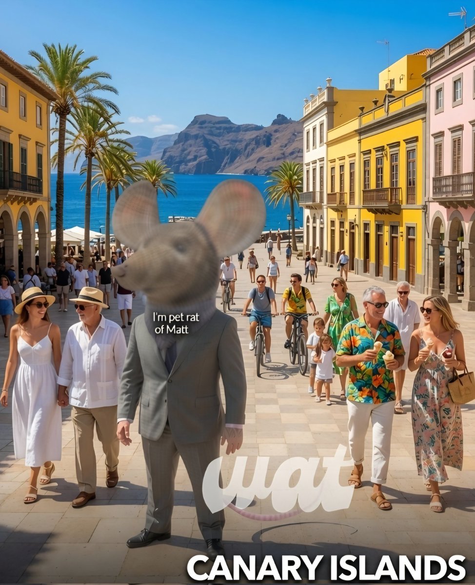 Wat0x63's tweet photo. Hello from Canary Islands, Spain ☀️
New destination - Rat race around the globe! 🌍
/ $WAT everywhere!
-Dedicated Nightriders 
-Bro of $PEPE, $BRETT, $ANDY and $WOLF 🫂🫂 https://t.co/WUHf0N37rK