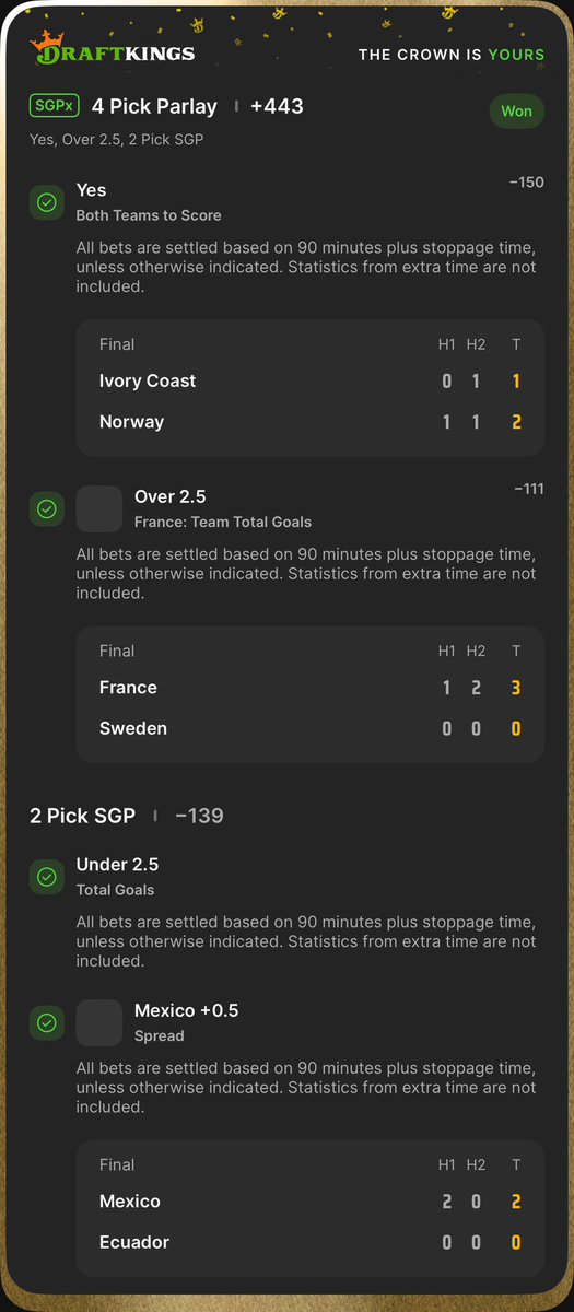 Chedzz's tweet photo. BANGGGGGGGG ✅💰

Two World Cup plays, Two Wins - Back at it later today 🫡

As always, when we smack the free plays - we feed the giveaways. 

Just like this post and follow me, $200 giveaway (2 winners) 

#FootyPicks #GamblingX https://t.co/VEx0IoysRi