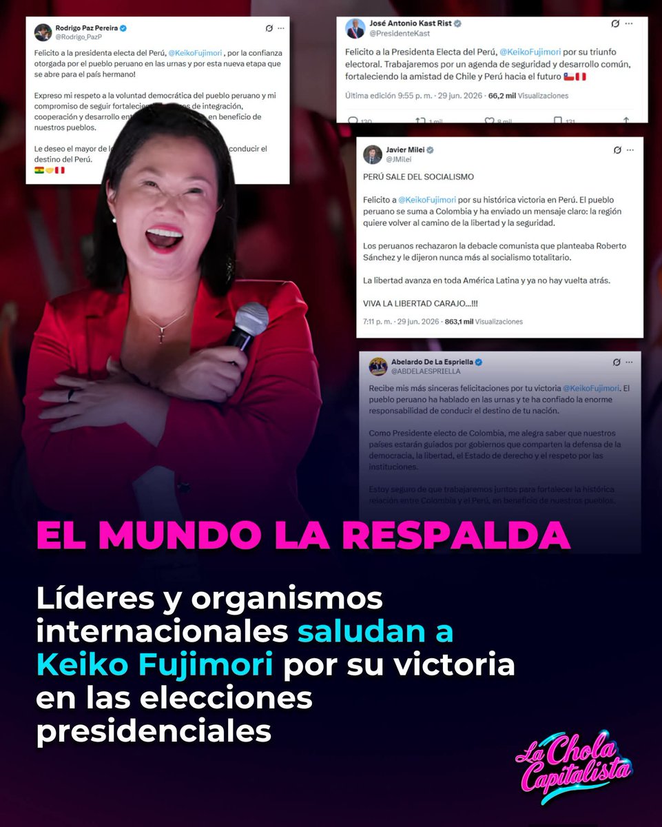 joseeduard71498's tweet photo. El reconocimiento internacional ya empezó a llegar:
Los mandatarios de Argentina, Bolivia, Chile, Costa Rica y Paraguay felicitaron a la virtual presidenta Keiko Fujimori.
También se sumó el presidente electo de Colombia y representantes de organismos internacionales. https://t.co/cznMq5eIYh