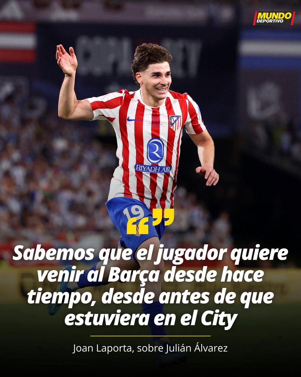 mundodeportivo's tweet photo. 🚨  Joan Laporta se pronunció sobre el interés del FC Barcelona en el delantero argentino Julián Álvarez. El presidente dijo:

💬 "He hablado personalmente con el Atlético de Madrid y le dejé claro lo que había. Deco hizo una oferta de una cantidad determinada por este jugador. Sabemos que el jugador quiere venir al Barça desde hace tiempo, desde antes de que estuviera en el City. Hicimos esta oferta con todo el respeto para el Atlético; tienen todo mi respeto, tanto Cerezo como Gil Marín. Tenían la oferta y nos dijeron que no tenían previsto vender porque no tenían alternativa, y les dije que si tenían alternativa, la oferta era firme."

💬 "La mantendremos firme el tiempo que consideremos, pero no estaremos a expensas de lo que pueda decidir el Atlético por esta cuestión. Saben cuál es nuestra voluntad, y si lo quieren hacer, estaríamos encantados. Nos merecen el máximo respeto y tenemos buenas relaciones tanto a nivel institucional como a nivel personal también."
