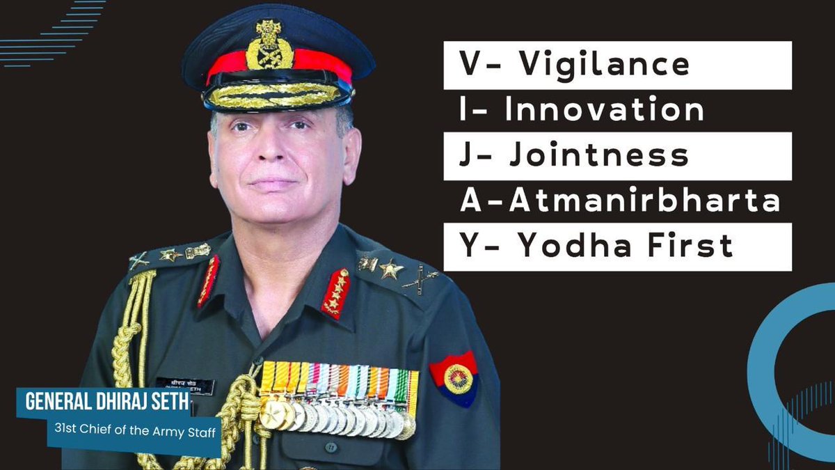 DIAV20's tweet photo. 🇮🇳 *JAI से VIJAY* 🇮🇳

The Vision of the 31st Chief of the Army Staff
Assuming command of the #IndianArmy, General Dhiraj Seth began his tenure by paying solemn homage at the #NationalWarMemorial, honouring the bravehearts whose supreme sacrifice, courage and selfless devotion continue to inspire generations.
Expressing gratitude to the Hon’ble Prime Minister and the Hon’ble Raksha Mantri for their trust, he also paid tribute to General Upendra Dwivedi and all former Chiefs of the Army Staff, whose vision and leadership have shaped the Indian Army into a strong, resilient and trusted force.

Reaffirming the Army’s timeless ethos of #Duty #Honour #Nation First, the Chief assured the nation that the #IndianArmy remains Combat Ready, Battle Hardened and Future Ready —fully prepared to safeguard India’s sovereignty, territorial integrity and national interests.

VIJAY – The Roadmap Ahead

🛡️ V – Vigilance
#Alert #Ready #Resolute
Maintaining unwavering vigilance, operational readiness and decisive response across every domain.

⚙️ I – Innovation & Transformation
#Adapt #Transform #Modernise
Driving doctrinal, technological and capability transformation to remain ahead in the evolving character of warfare.

🤝 J – Jointness & Integration
#Integrate #Synergise #Nation-Build
Enhancing Tri-Service synergy, Military-Civil Fusion and a Whole-of-Nation approach towards Viksit Bharat 2047.

🇮🇳 A – Atmanirbharta
#Design #Develop #Dominate
Building a self-reliant force committed to “Winning Our Wars with Indigenous Solutions.

🪖Y – Yodha First
#Train #Empower #Honour 
From the Agniveer to the senior-most #Veteran, every Yodha is the Army’s greatest strength. The welfare, empowerment and professional growth of #Veterans and #VeerNaris remain an enduring commitment.

The Enduring Ethos
🇮🇳 #Duty #Honour #NationFirst
🛡️#CombatReady #BattleHardened #FutureReady
🇮🇳 Serving the #Nation through Operational Excellence, Innovation and National Integration.

JAI ➜VIJAY

The Hon’ble Prime Minister’s mantra of “JAI” forms the foundation of the #IndianArmy’s roadmap to “VIJAY” -a vision to build a stronger, self-reliant, technology -enabled and future-ready force, committed to safeguarding the Nation and contributing to #ViksitBharat 2047.

Guided by the legacy of those who served before us, inspired by the sacrifice of our fallen heroes, and committed to putting the #Yodhafirst - the #IndianArmy marches from JAI to VIJAY.

जय हिन्द!

#IndianArmy 
#JaiSeVijay 
#ViksitBharat2047 
#NationFirst 
@adgpi      
@IaSouthern 
@artrac_ia 
@westerncomd_IA 
 @NorthernComd_IA   
@SWComd_IA  
@easterncomd 
@suryacommand 
@firefurycorps