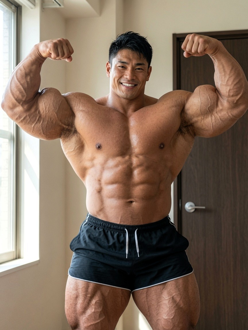 MuscleEcstasy's tweet photo. A smile built on steel. ASAHI turns raw power into warmth, one pose at a time. https://t.co/Os1kuAyc1M