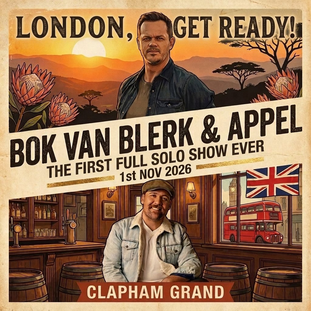 JanDeBacker9's tweet photo. Bok van Blerk &amp; Appel se eerste solo show in die UK! 🦁 

1 November 2026 in Londen. 

Kom saam voel hoe die musiek en die mense jou weer ’n bietjie tuis laat voel.

Wie kom saam? Tag jou mates!