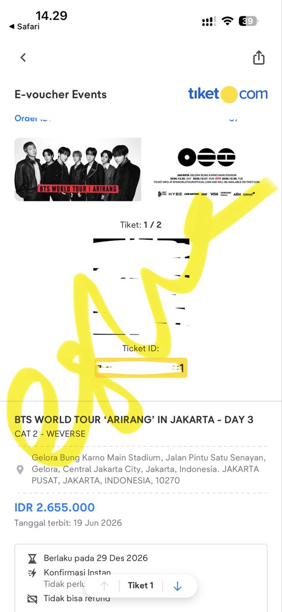 eshayhang's tweet photo. BTS WORLD TOUR ‘ARIRANG’ IN JAKARTA (MEMBERSHIP) 

DAY 1 : CAT 1 (4tix)
DAY 2 : CAT 2 (2tix)
DAY 3 : CAT 2 (2tix)

#jaswareshayhang https://t.co/2rOyYsdzkW