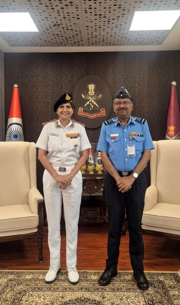 dgafms_mod's tweet photo. Surg VAdm Arti Sarin, #DGAFMS, extends her felicitations to Air Mshl Kaushik Chatterjee on his promotion to the rank of Air Marshal. A distinguished Psychiatrist with over 35 years of exemplary service, Air Mshl Chatterjee has held several key clinical and leadership appointments across the Indian Navy and Indian Air Force. His promotion reflects a career defined by professional excellence, dedicated service, and unwavering commitment to the Armed Forces Medical Services.

@IAF_MCC 
@SpokespersonMoD 
@HQ_IDS_India 
@adgpi 
@indiannavy 
@PIB_India

#DGAFMS
#AFMS