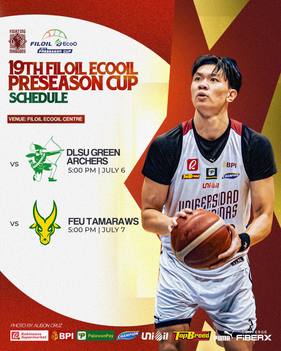 upmbt's tweet photo. HEADS UP, STATE U! 🗓️

Here's the updated schedule for the last two games of the UP Fighting Maroons in their 19th Filoil EcoOil Preseason Cup.

Support the State U squad on-site or via livestream on FilOil's official Facebook and Youtube.

#UPFight #nowheretogobutUP https://t.co/jbuD3obmhP