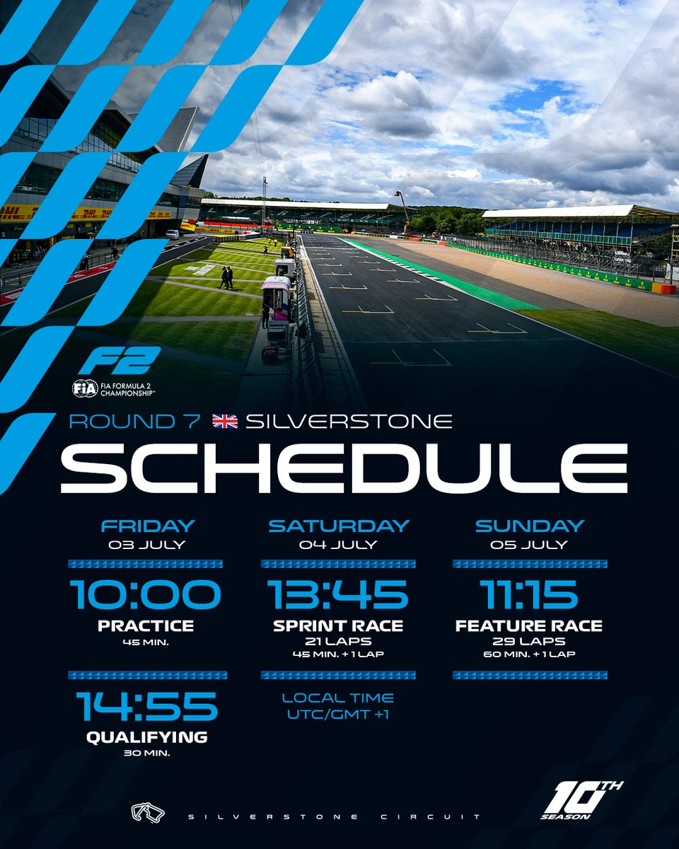 Formula2's tweet photo. Silverstone, F2 has arrived! 🤩👋

Here's when we'll be on track this weekend 👇

#F2 #BritishGP https://t.co/wVtWXKH6Aa