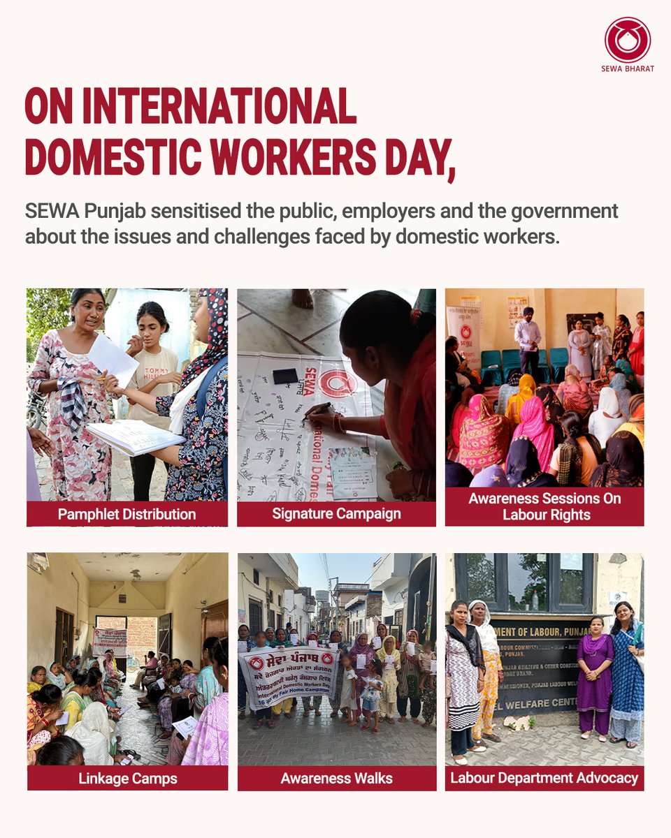 SEWABharat's tweet photo. This International Domestic Workers Day, more than 160 domestic workers from across Punjab came together. Through awareness sessions, social security linkage camps and signature campaigns, they stood together to ask for the rights and respect every worker deserves. https://t.co/DQ3pdzP3ub