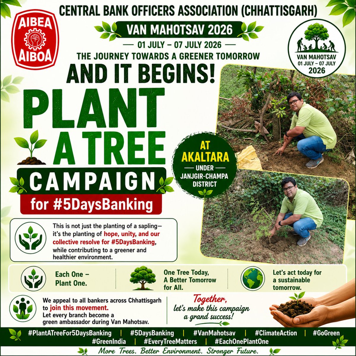 cgcboa's tweet photo. 🌳 A movement has begun. Not just to plant trees, but to plant hope.

The #PlantATreeFor5DaysBanking Campaign has reached Akaltara (Janjgir-Champa) under #VanMahotsav.

Join the movement. Plant a tree.

#5DaysBanking #VanMahotsav #ClimateAction #GoGreen #GreenIndia https://t.co/iym3Ou4qAu