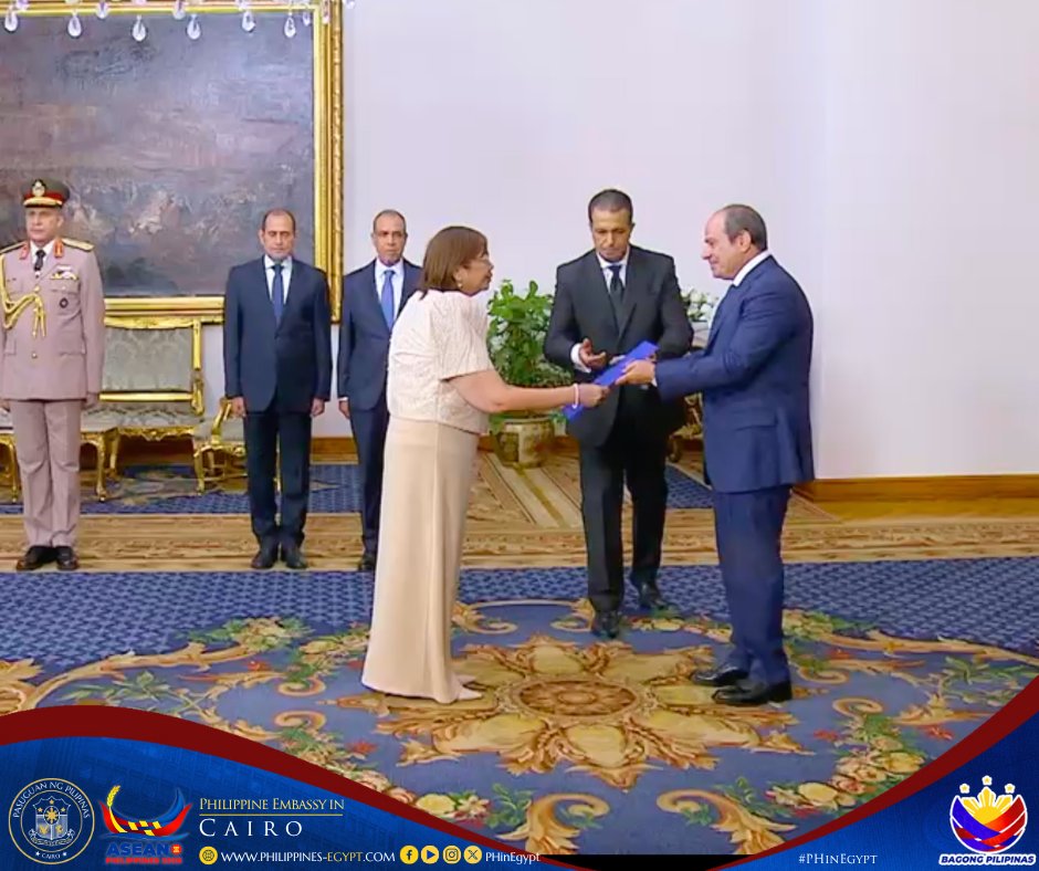 PHinEgypt's tweet photo. 01 JULY 2026 - AMBASSADOR CHARMAINE ROWENA C. AVIQUIVIL PRESENTED HER CREDENTIALS TO H.E. ABDEL FATTAH EL-SISI, PRESIDENT OF THE ARAB REPUBLIC OF EGYPT  

Full story: https://t.co/EvvdWSdgy0 

#PHinEgypt https://t.co/A5kt0SK0Y3