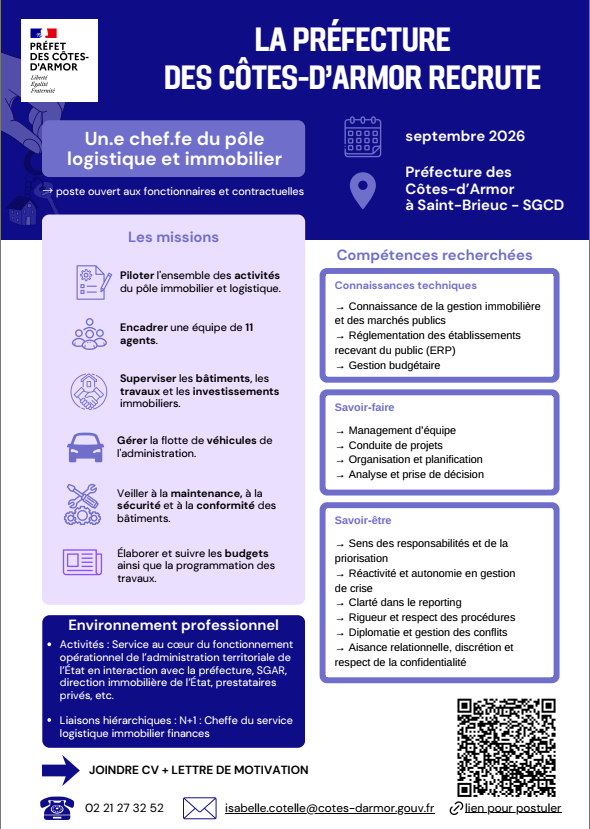 Image de Préfet des Côtes-d'Armor - 🚨 La Préfecture des Côtes-d’Armor recrute !
Vous avez le sens de l’organisation et du management