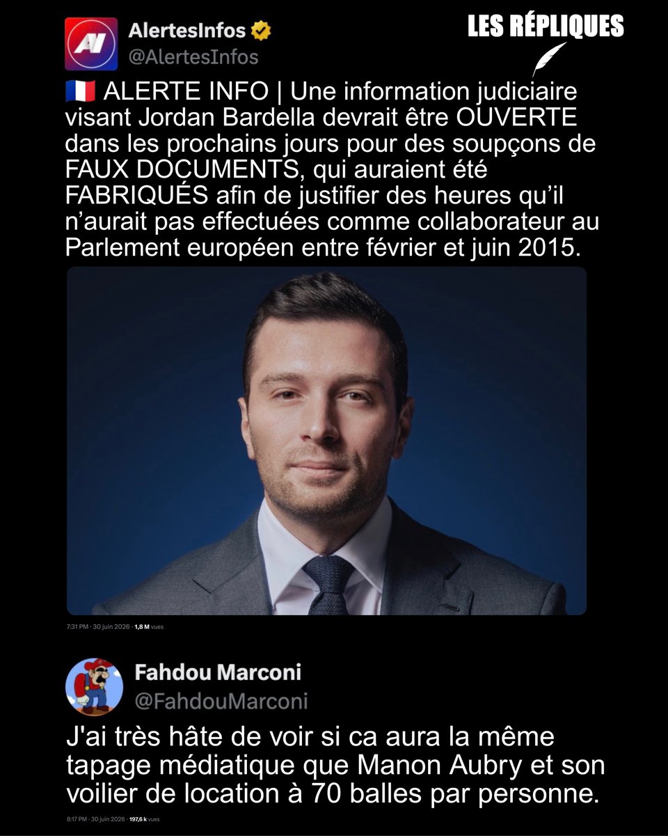 Les_Repliques's tweet photo. Hier des perquisitions ont eu lieu dans plusieurs pays pour des soupçons de détournement de fonds européens portant, notamment, sur le RN de @J_Bardella 

@FahdouMarconi https://t.co/SxJJ0Maroc
