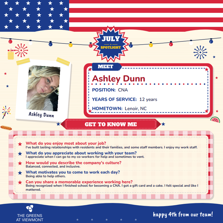 TheViewmont's tweet photo. ⭐ July Spotlight: Meet Ashley Dunn! ⭐

This month, we're proud to recognize Ashley Dunn, CNA, as our July Team Spotlight!
Thank you, Ashley, for your years of service, your compassion, and your commitment to making a difference every day. ❤️🤍💙 https://t.co/cSJCXFUiE2