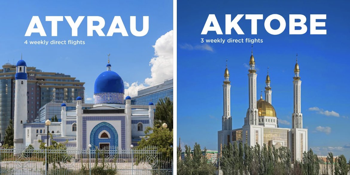 AzEmbassyKz's tweet photo. 🇦🇿🇰🇿"Azərbaycan Hava Yolları" QSC (@azalofficial ) Qazaxıstanın Atırau və Aktöbə şəhərlərinə birbaşa müntəzəm reyslərə başlayır.✈️

AZAL әуе компаниясы Қазақстанның Атырау және Ақтөбе қалаларына тұрақты тікелей рейстер ашады.

AZAL открывают прямые регулярные рейсы в Атырау и Актобе.

Atırau istiqamətində İlk reys 16 avqust 2026-cı il, Aktöbə istiqamətində isə 16 sentyabr 2026-cı il tarixində həyata keçiriləcək. Bakı-Atırau-Bakı marşrutu üzrə uçuşlar həftədə 4 dəfə, bazar ertəsi, çərşənbə axşamı, cümə və bazar günləri həyata keçiriləcək. Bakı- Aktöbə-Bakı marşrutu üzrə isə həftədə 3 dəfə, bazar ertəsi, çərşənbə axşamı və cümə günləri yerinə yetiriləcək.