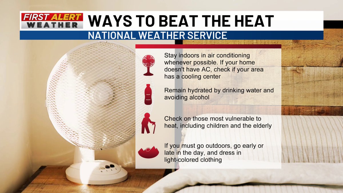 addisonbentley_'s tweet photo. A hot week continues as highs soar into the mid 90s today. Heat index values will be between 105-109 degrees. Check out these ways to beat the heat! https://t.co/prc4jHXQLe