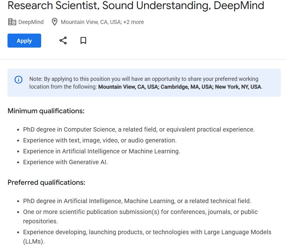 vivek_kumar's tweet photo. We are expanding the Sound Team at @GoogleDeepMind! 🔊

We are building AI that doesn't just generate sound, but deeply understands and interacts with it.

Looking for a Research Scientist to help us push the absolute frontier in audio.

(Link to apply in the first reply)