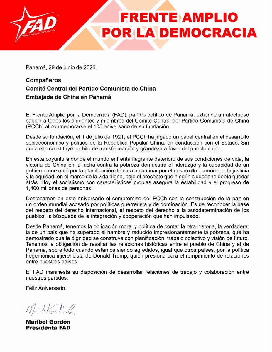 FadPanama's tweet photo. 1 de julio de 2026, a 105 años de fundación del Partido Comunista de China enviamos nuestro afectuoso saludo.  @ForodeSaoPaulo @ClaridadPanama1 @wfdy1945fmjd @ActualidadRT @PrensaLatina_cu  @EmbChinaPa https://t.co/UWXMhTleCn