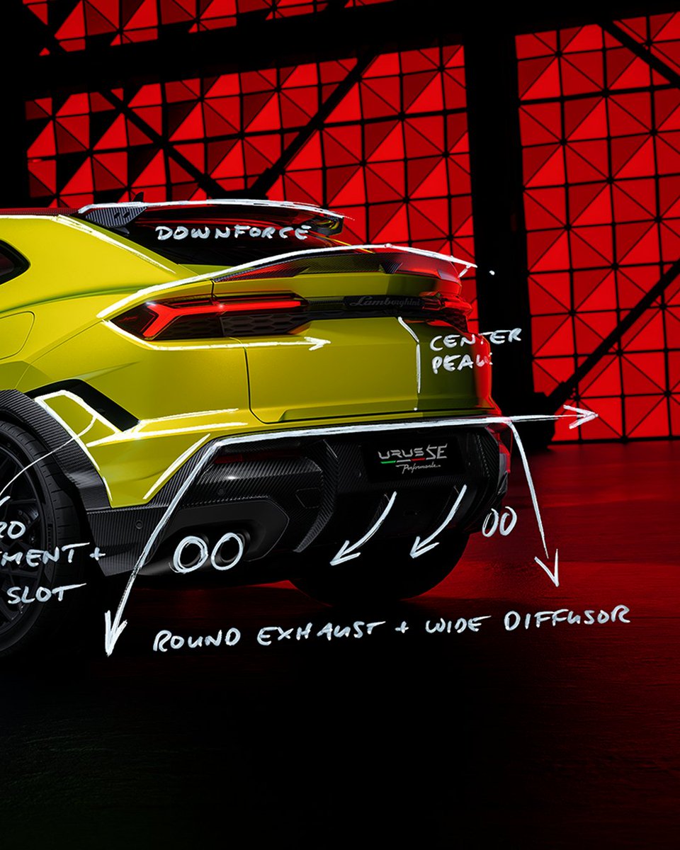 Lamborghini's tweet photo. Lamborghini Urus SE Performante reveals a design shaped by function and aerodynamic precision. Extensive exposed carbon fiber defines its most technical and aggressive identity ever. From the S-duct hood and central power dome to the redesigned aerodynamic surfaces, every detail serves performance. Iconic references and sharp proportions reinforce its unmistakable Lamborghini DNA. A Super SUV where design and engineering become one.

#Lamborghini #UrusSEPerformante #UrusAtItsPeak
