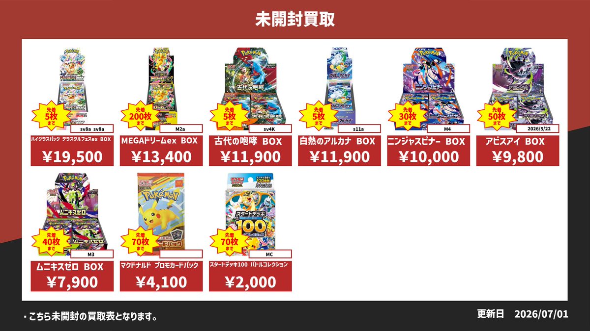 7月2日買取表 未開封】 明日の未開封BOXの買取表です！ ※未開封BOXは